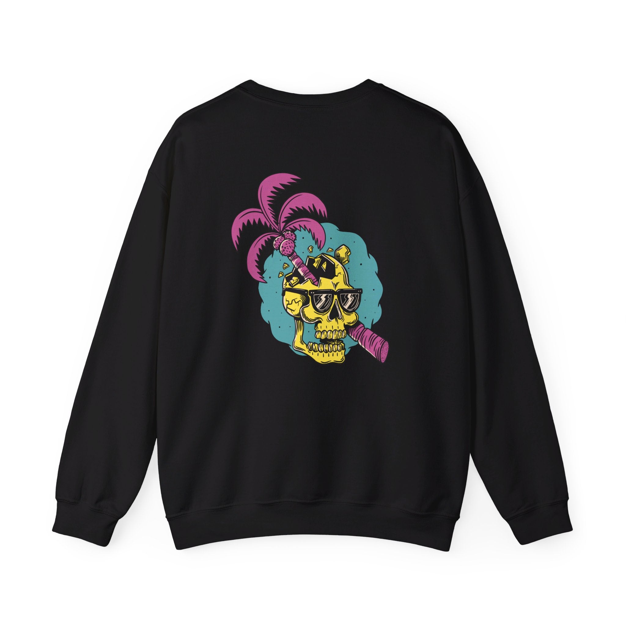 Skull and Palm Tree Summer Afterlife - Summer Skulls - Back Design - Premium Unisex Heavy Blend™ Crewneck Sweatshirt