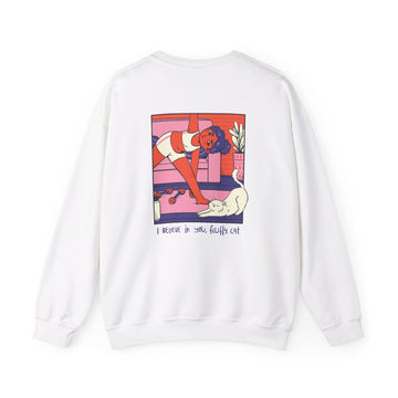 Girl doing Yoga with Cat - Cozy at Home - Back Design - Premium Unisex Heavy Blend™ Crewneck Sweatshirt