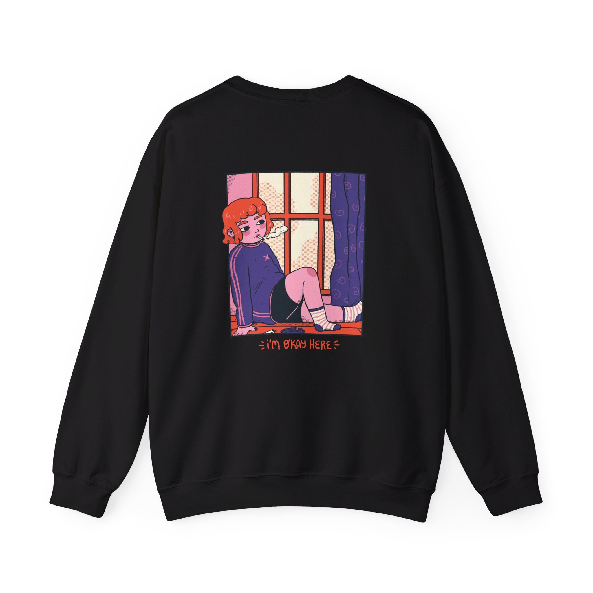 Girl in Window - Cozy at Home - Back Design - Premium Unisex Heavy Blend™ Crewneck Sweatshirt