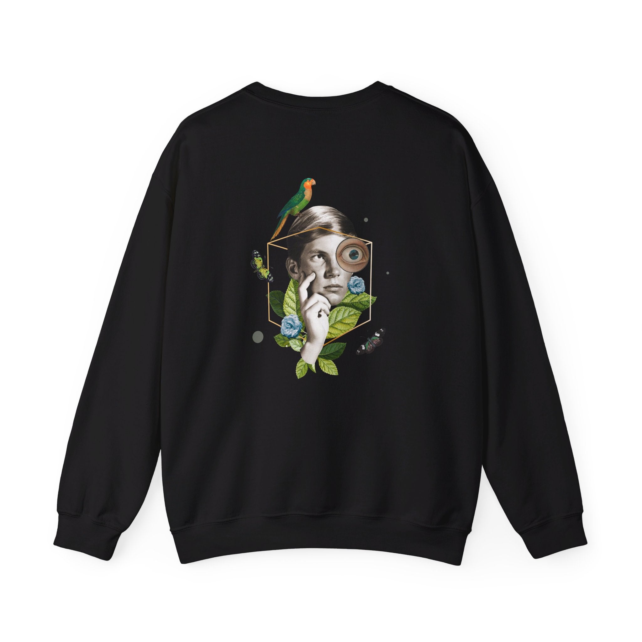 Parrot - Quirky Collage - Back Design - Premium Unisex Heavy Blend™ Crewneck Sweatshirt