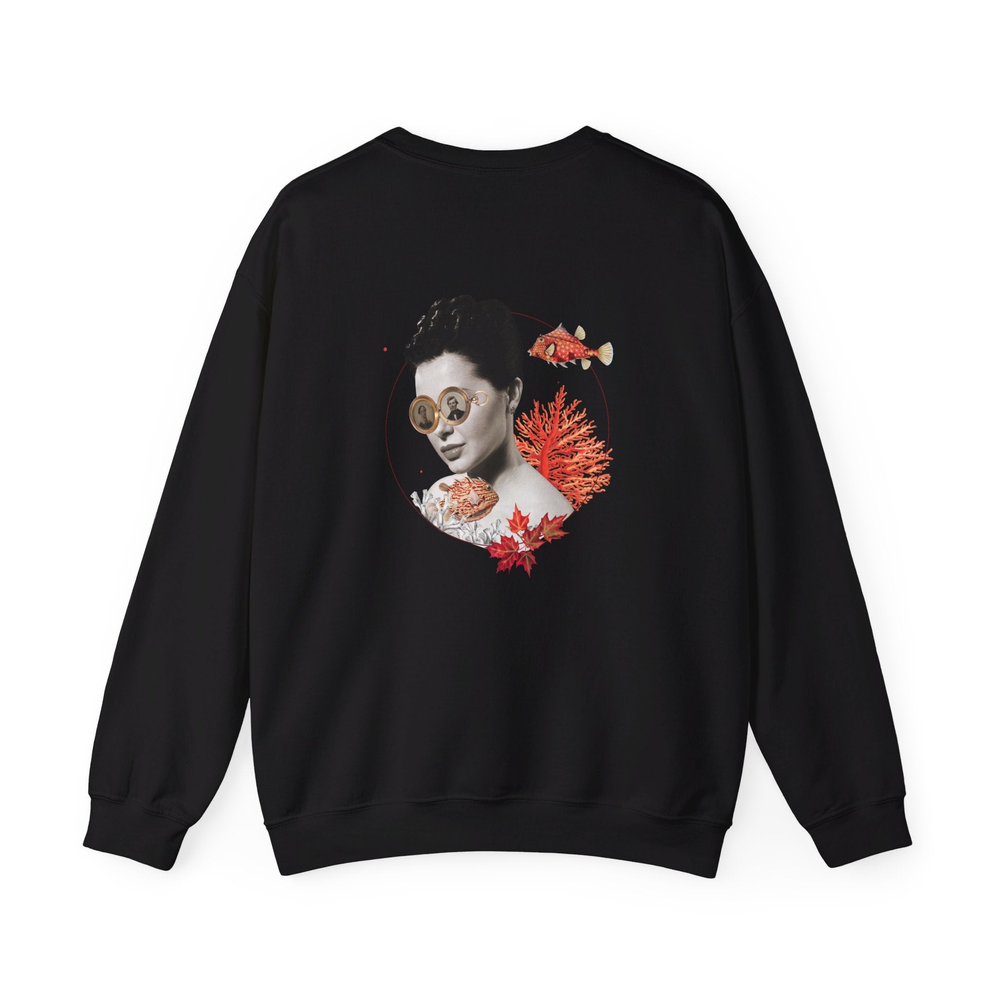 Fish Woman - Quirky Collage - Back Design - Premium Unisex Heavy Blend™ Crewneck Sweatshirt