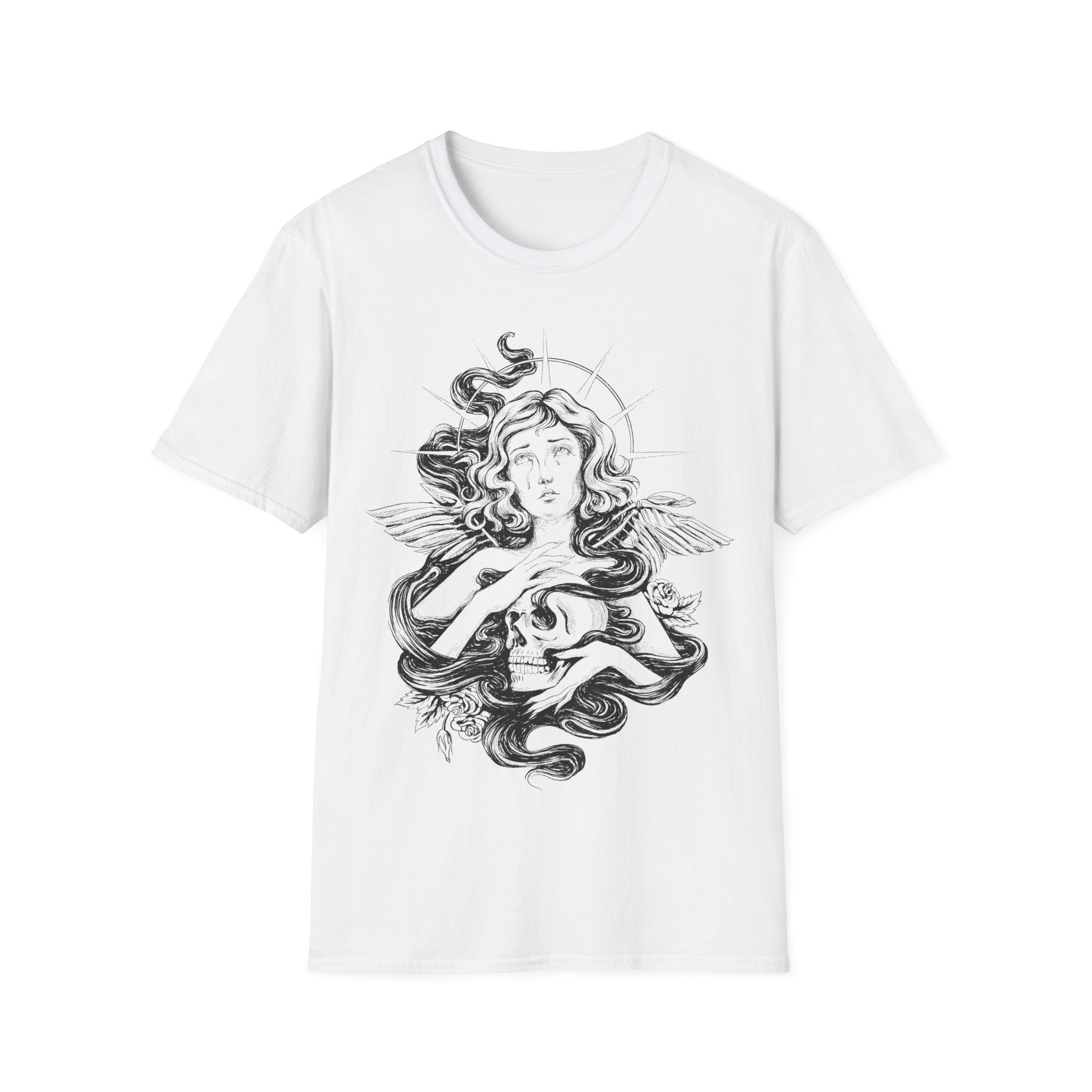 Female Angel with Skull Hand - Hand Drawn Dark Gothic - Unisex T-Shirt