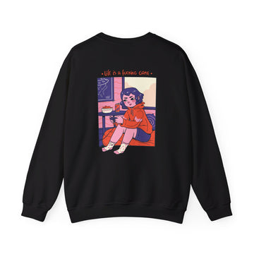 Girl playing Videogames - Cozy at Home - Back Design - Premium Unisex Heavy Blend™ Crewneck Sweatshirt