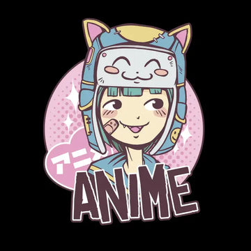 Ein verspielter Anime-Charakter mit grünen Haaren und einer Katzen-Kopfbedeckung lächelt verschmitzt. Das Design ist in Pastelltönen gehalten, mit Sternen im Hintergrund und dem großen Schriftzug „ANIME“.