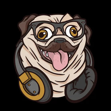 Ein fröhlicher Mops mit einer großen Brille und Kopfhörern um den Hals. Die Illustration wirkt modern, lebhaft und ist ideal für Musik- und Hundeliebhaber.