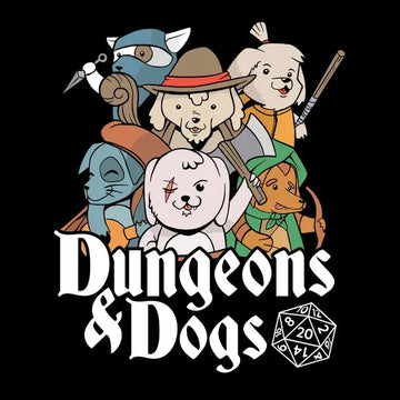 Eine Gruppe von niedlichen Hunden und Tieren in typischen Rollenspiel-Klassen (Krieger, Dieb, Barde). Darunter steht der Schriftzug „Dungeons & Dogs“ neben einem zwanzigseitigen Würfel (D20).
