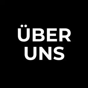 Schwarze quadratische Schaltfläche mit der weißen Aufschrift ÜBER UNS.