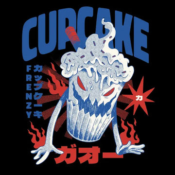 Ein monströser, blau-weißer Cupcake mit bösem Gesicht und Armen bricht aus einem japanischen Design hervor. Der Hintergrund zeigt rote Flammen und japanische Schriftzeichen im Retro-Stil.
