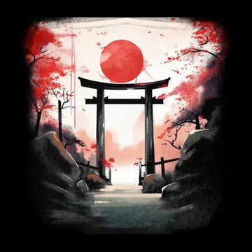Eine künstlerische Darstellung eines japanischen Torii-Tors vor einer roten Sonne. Der Stil erinnert an Tuschemalerei mit sanften Kirschblütenzweigen und felsigen Elementen im Vordergrund.