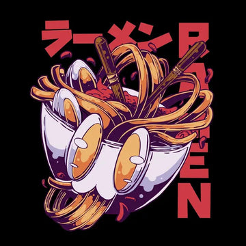 Eine dynamische, kunstvolle Illustration einer Ramen-Schüssel mit Stäbchen und Eiern. Im Hintergrund sind japanische Schriftzeichen zu sehen, die das Thema „Ramen“ in einem modernen Grafikstil feiern.