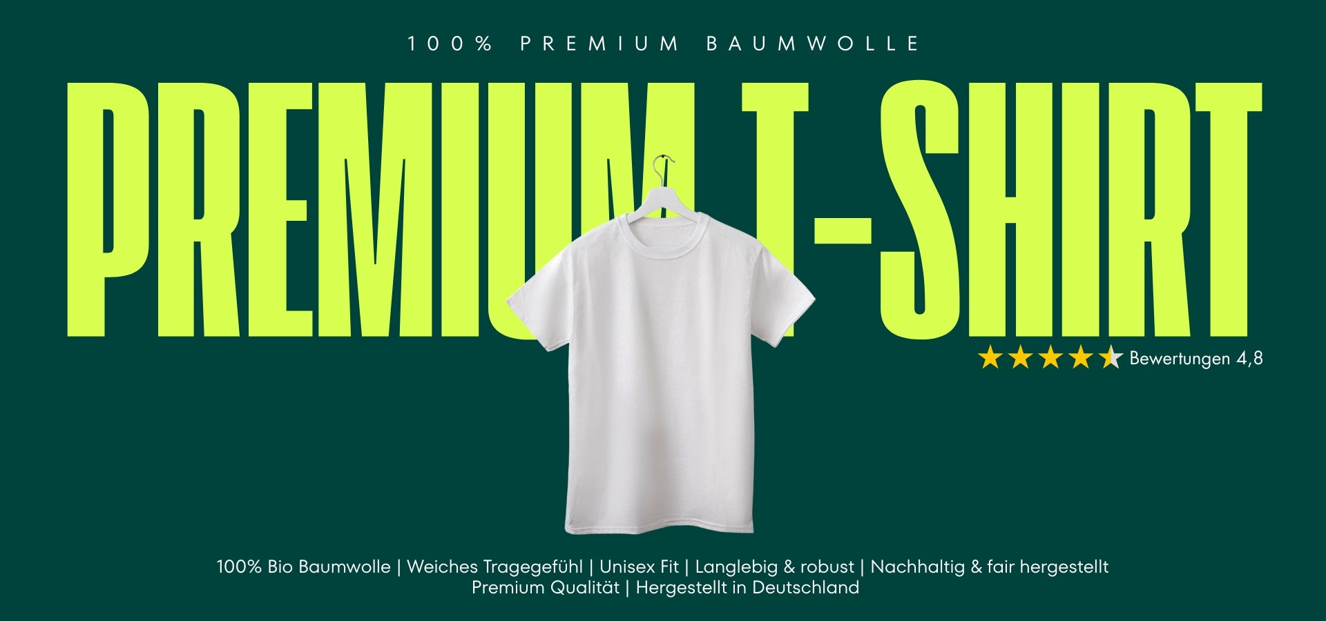 Vertikaler Shop-Banner für Mobilgeräte: Weißes T-Shirt vor dunkelgrünem Hintergrund mit neongrüner Aufschrift 'T-SHIRT', fünf gelben Sternen und Qualitätsmerkmalen wie 'Unisex Fit' und 'Nachhaltig & fair hergestellt'.1621243260e1af0c20-0