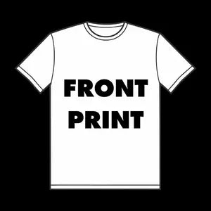 Verlinkt zu allen T-Shirts mit Front Print - Illustration eines weißen T-Shirts mit dem schwarzen Aufdruck FRONT PRINT.