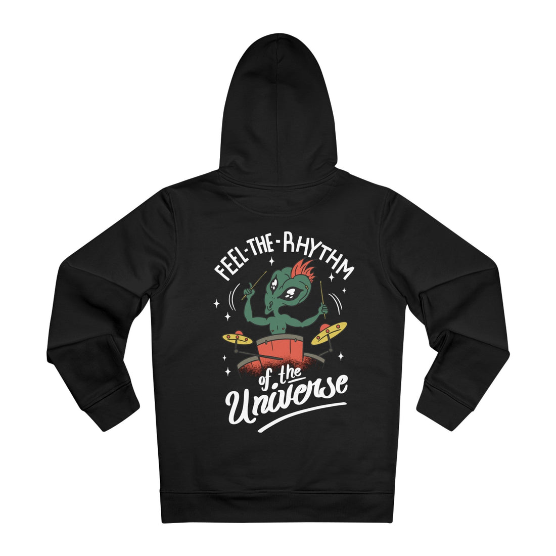 Printify Hoodie Black / M Alien Drummer Feel the Rhythm of the Universe - Alien Hobby Activities - Hoodie - Back Design