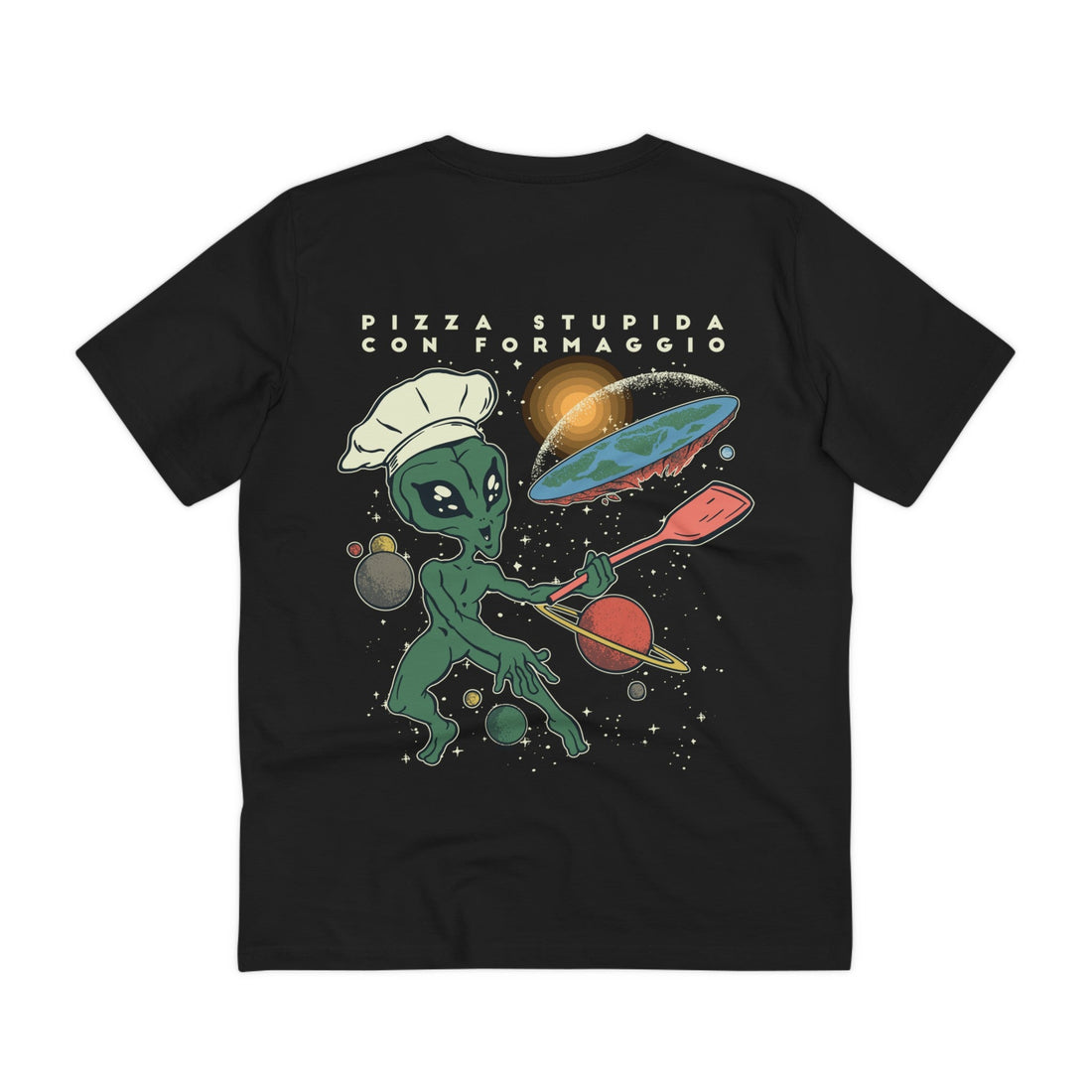 Printify T-Shirt Black / 2XS Alien Flat Earth Pizza - Alien Hobby Activities - Back Design