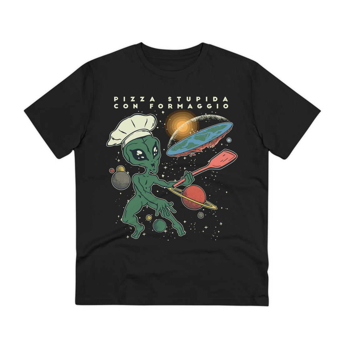 Printify T-Shirt Black / 2XS Alien Flat Earth Pizza - Alien Hobby Activities - Front Design