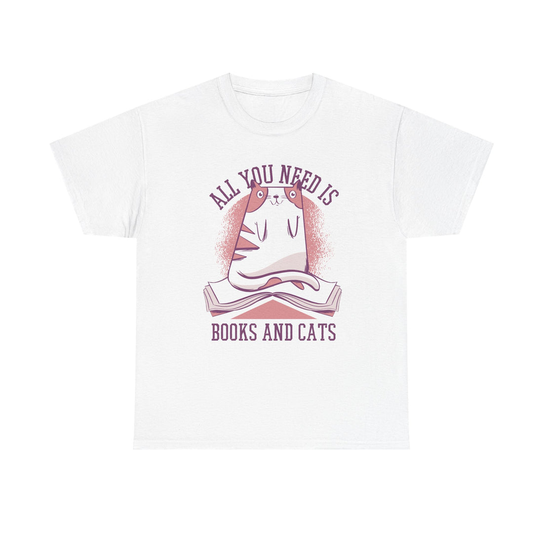 Weißes T-Shirt mit minimalistischem Design: eine entspannte rosa Katze sitzt auf einem offenen Buch. Darüber steht „All You Need is Books and Cats“. Perfekt für Buchliebhaber, Katzenfans & alle, die es gemütlich lieben – ein tolles Geschenk für Leseratten mit Humor.