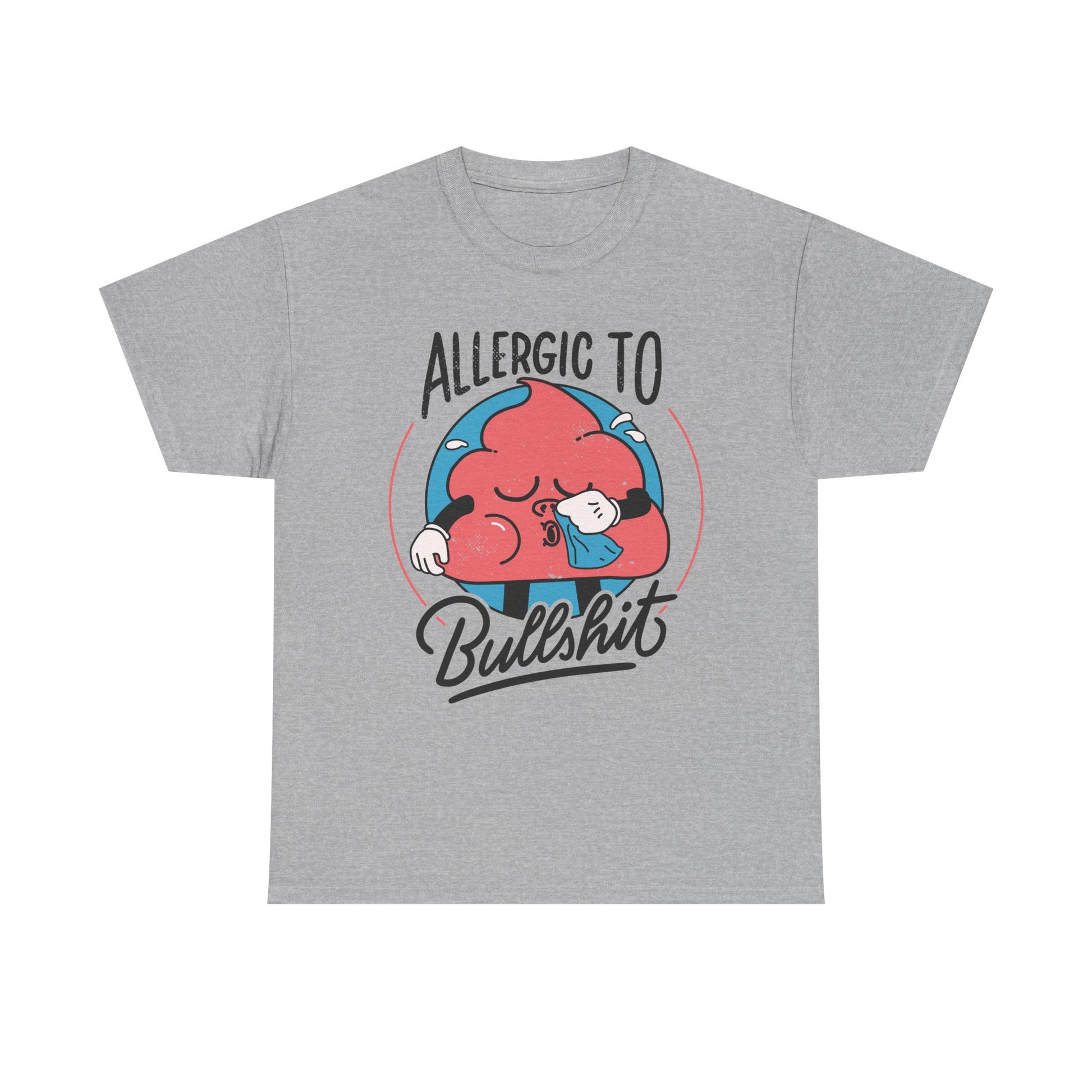 Graues T-Shirt mit Front Print und dem Statement „Allergic to bullshit“ im Antisocial-Retro-Stil