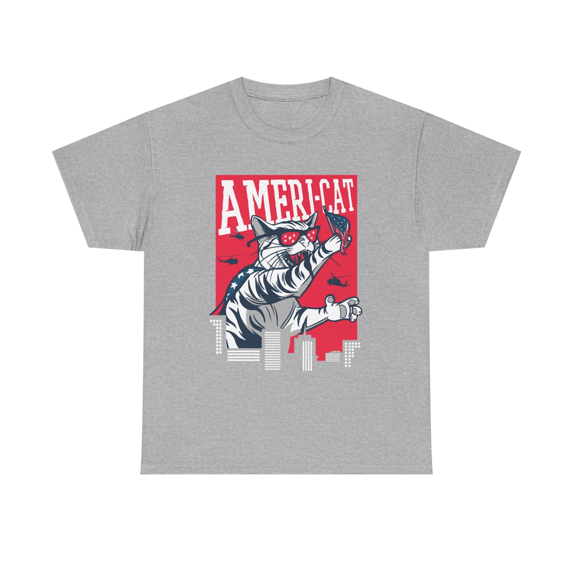 Graues T-Shirt mit auffälligem Comic-Katzenmotiv: Die Ameri-Cat im USA-Stil mit roten, weißen und blauen Elementen und patriotischer Energie.
