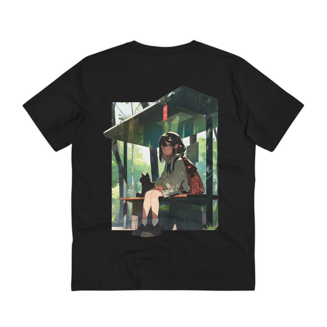 Printify T-Shirt Black / 2XS Anime Girl on Bus Stop with Cat - Anime World - Back Design