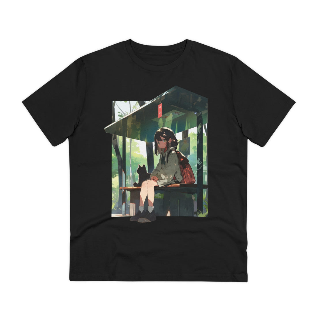 Printify T-Shirt Black / 2XS Anime Girl on Bus Stop with Cat - Anime World - Front Design