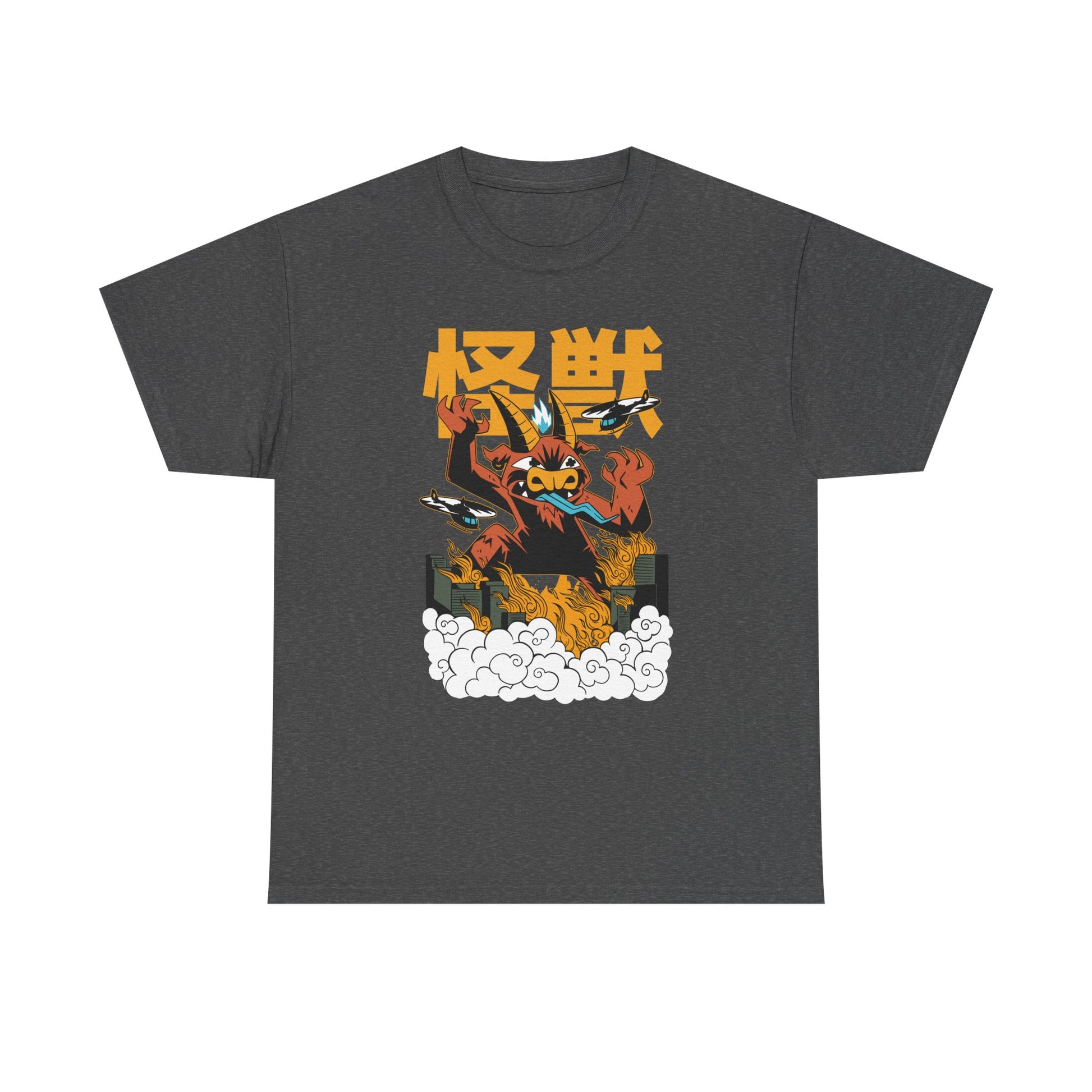 Dunkelgraues T-Shirt mit Kaiju-Dämon auf der Front: Baphozilla steht mit aufgerissenen Armen über einer zerstörten Stadt, Flammen und Rauch steigen auf. Eine dämonisch-monsterhafte Fusion mit japanischer Horror-Ästhetik.