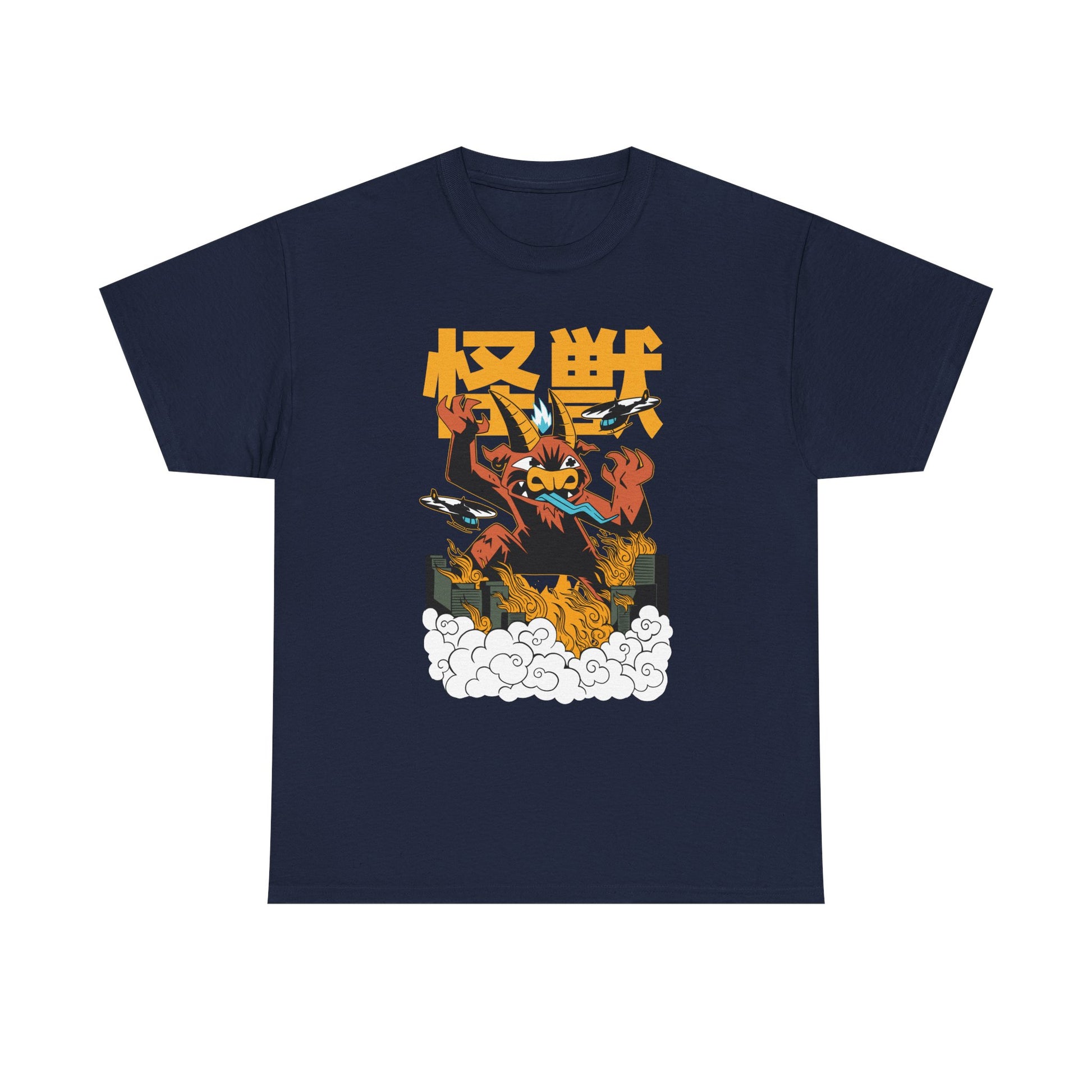 Marineblaues T-Shirt mit Kaiju-Dämon auf der Front: Ein feuerspeiendes Baphozilla-Monster mit goldenen Augen, Hörnern und einer Stadt in Flammen unter sich. Umrahmt von stilisierten Wolken und japanischen Schriftzeichen – ein apokalyptisches Fantasy-Motiv.