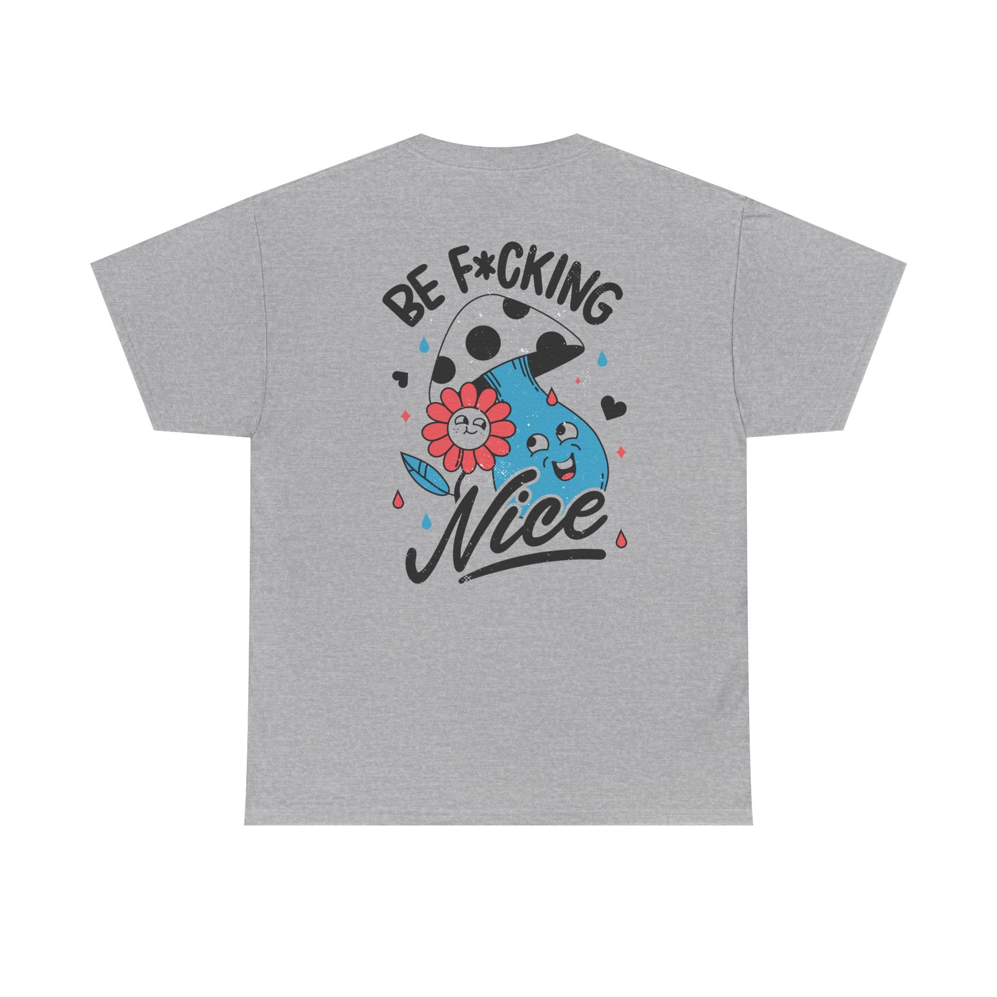 Graues T-Shirt mit Back Print und dem Statement „Be f*cking nice“ im Antisocial-Retro-Stil