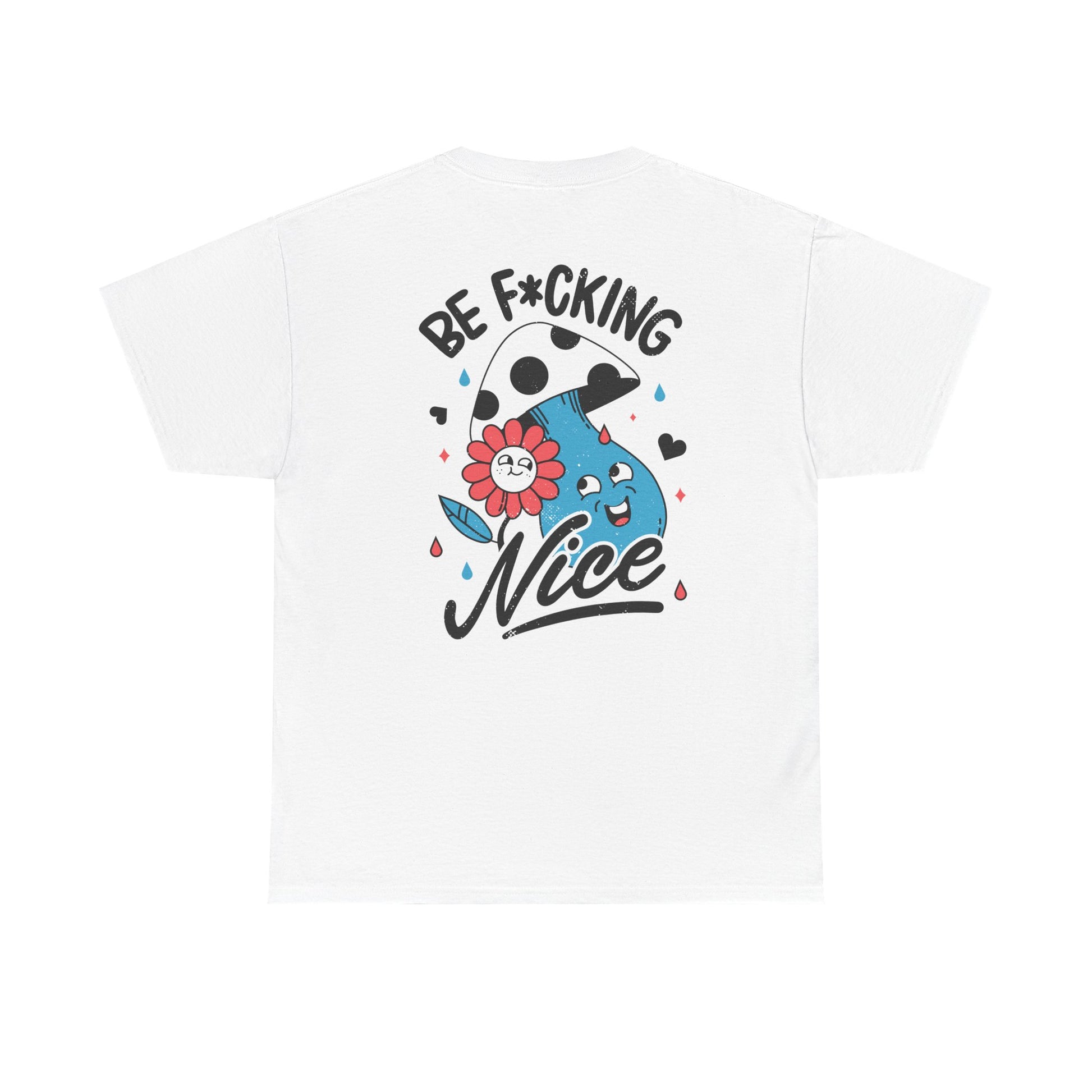 Weißes T-Shirt mit Back Print und dem Statement „Be f*cking nice“ im Antisocial-Retro-Stil