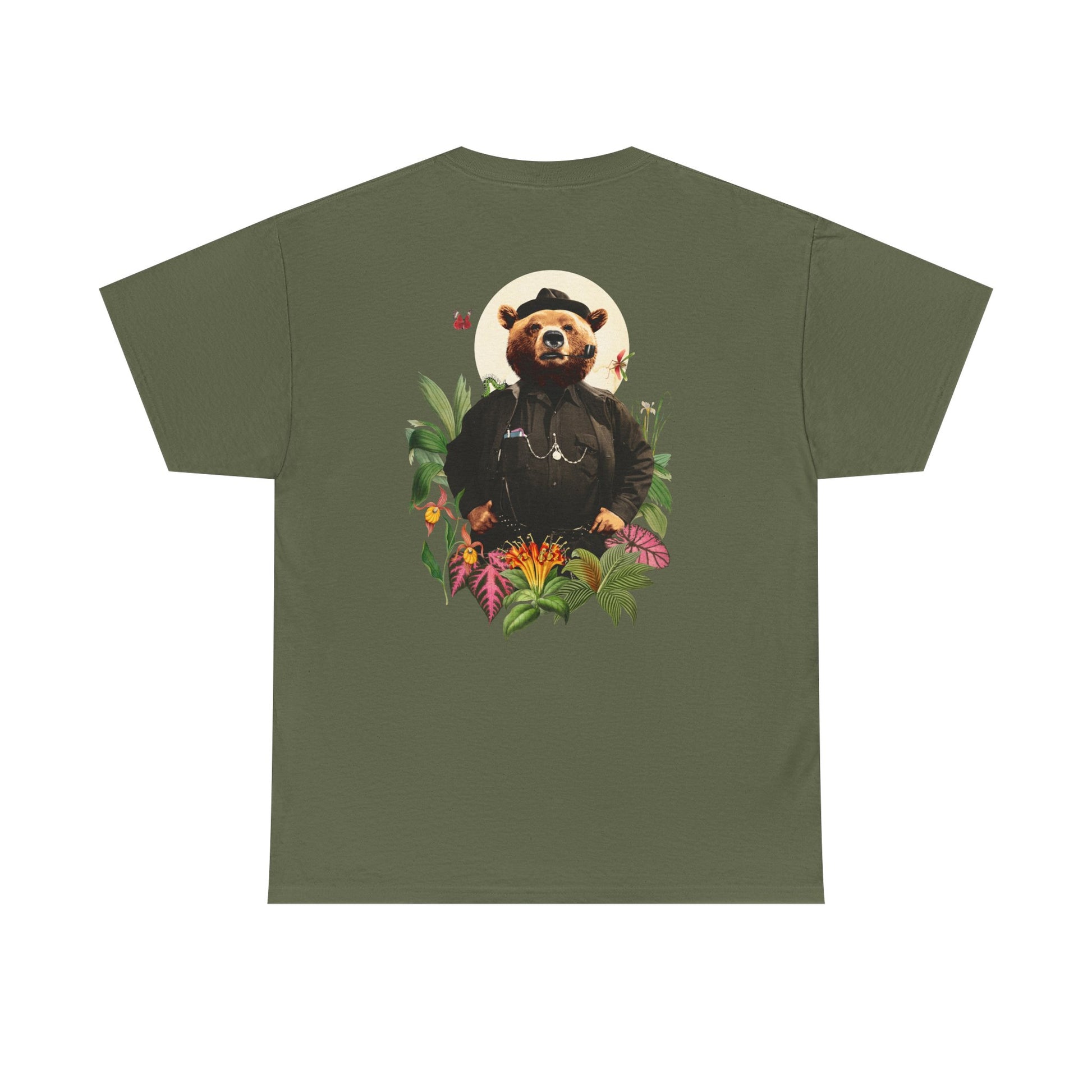 Militärgrünes T-Shirt mit Back Print einer Animal-Human-Collage mit Bärenmotiv