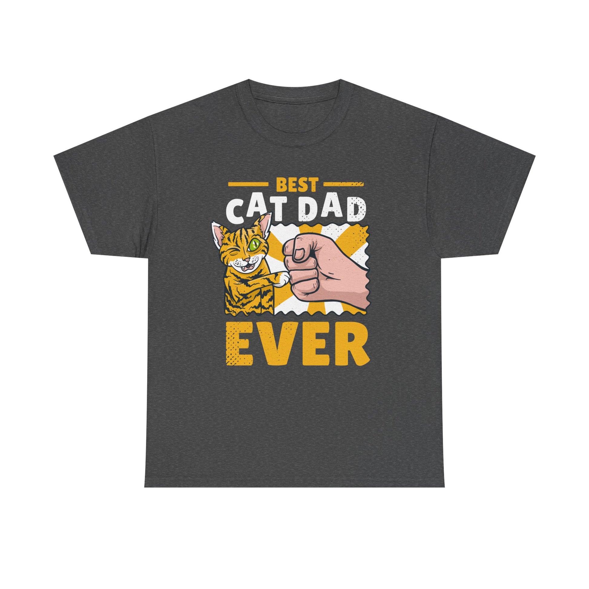 Dunkelgraues T-Shirt mit Comic-Design: Faustgruß zwischen Mensch und Katze, dazu der Spruch „Best Cat Dad Ever“ – verspielt und stolz zugleich.
