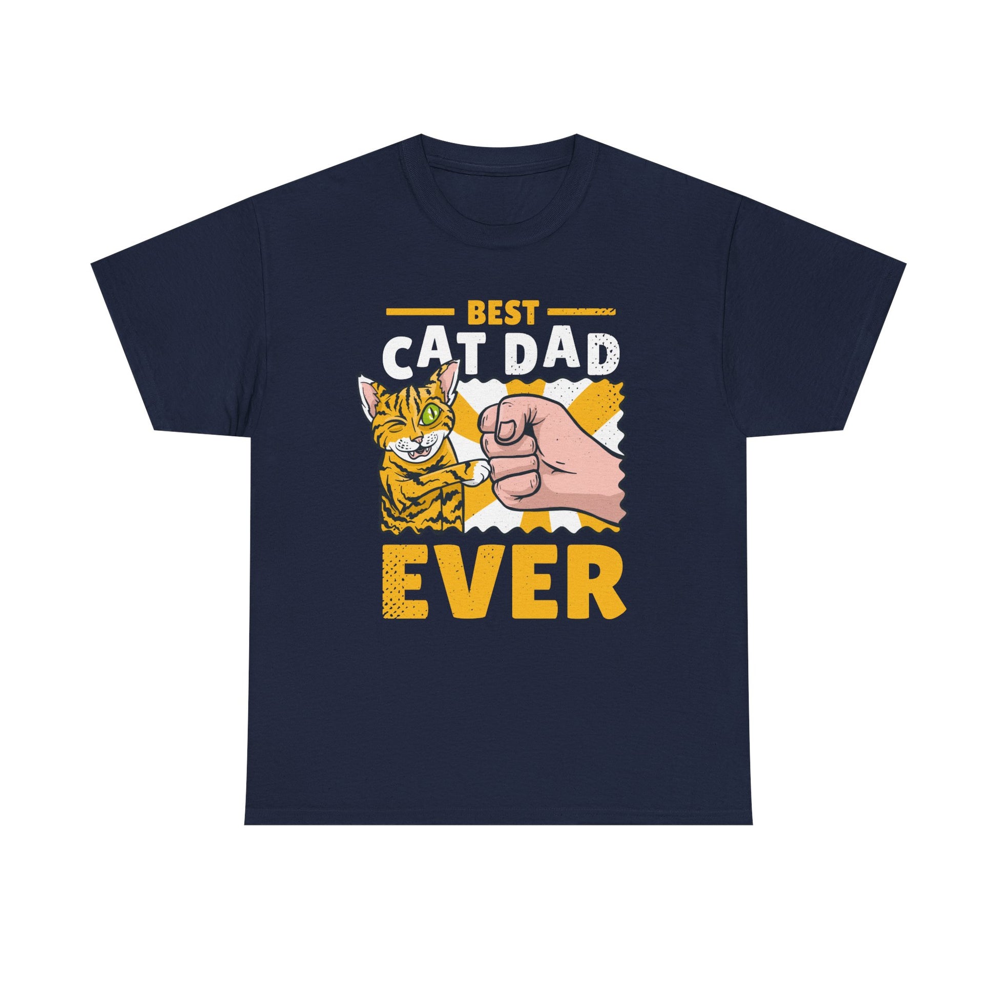 Marineblaues Shirt mit coolem Print: Der Spruch „Best Cat Dad Ever“ wird ergänzt durch eine Faust, die mit einer Comic-Katze abklatscht – witzig und liebevoll für alle Cat Dads.