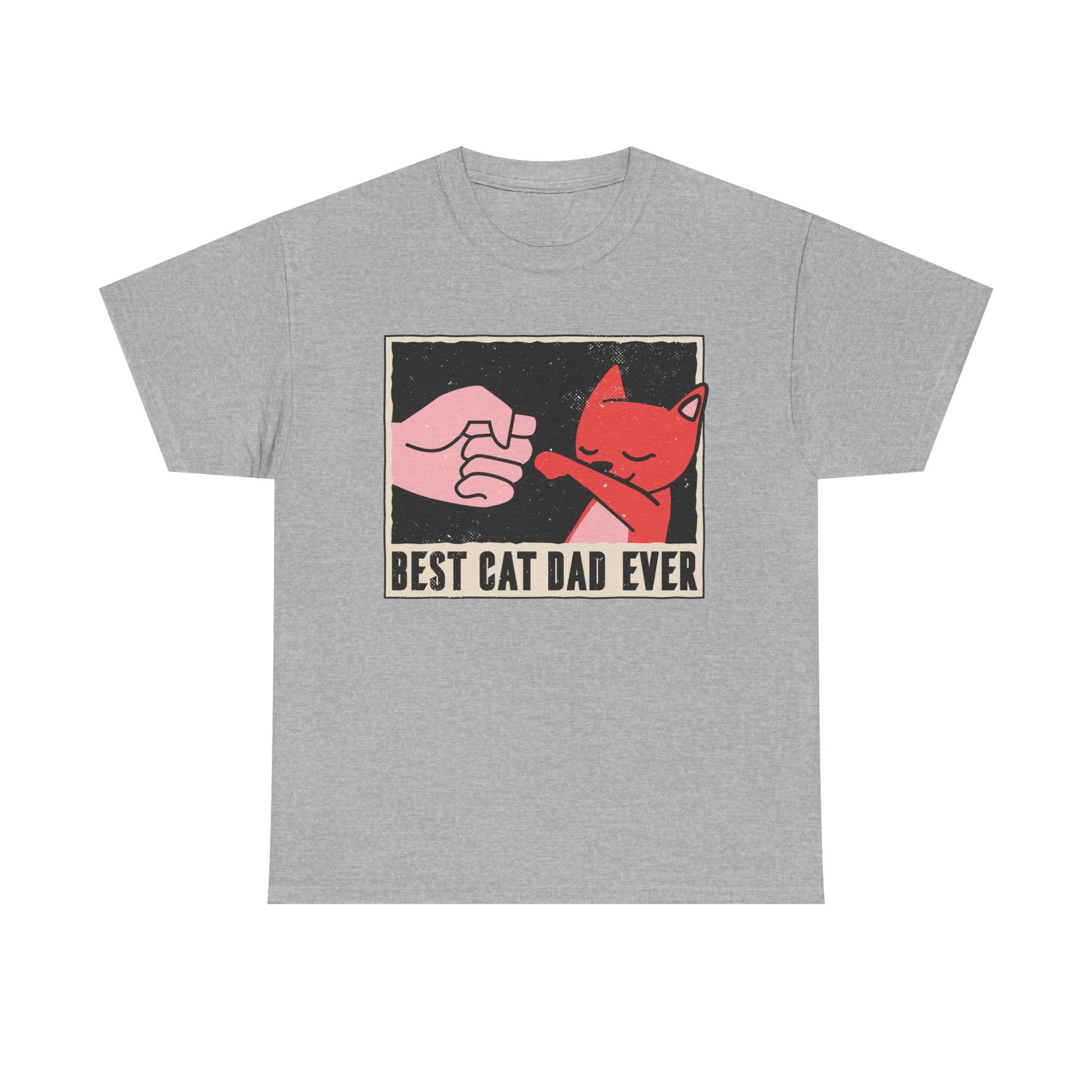Graues T-Shirt mit originellem Motiv: Rote Katze mit geschlossenen Augen fistbumpt mit ihrem Besitzer – darunter der Spruch „Best Cat Dad Ever“.