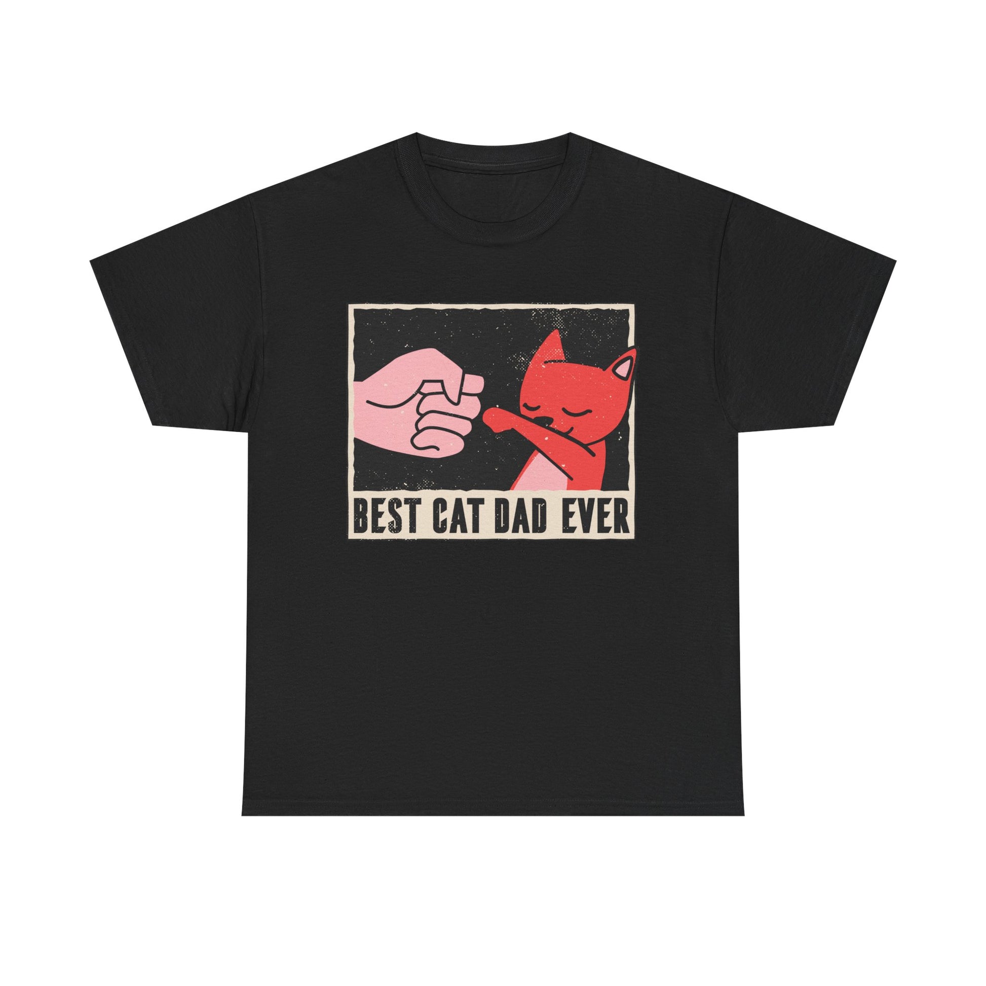 Schwarzes T-Shirt mit coolem Katzenmotiv: Rote Comic-Katze und Faust machen einen Fistbump – darunter der Schriftzug „Best Cat Dad Ever“ in Retro-Stil. Perfekt für Katzenliebhaber.