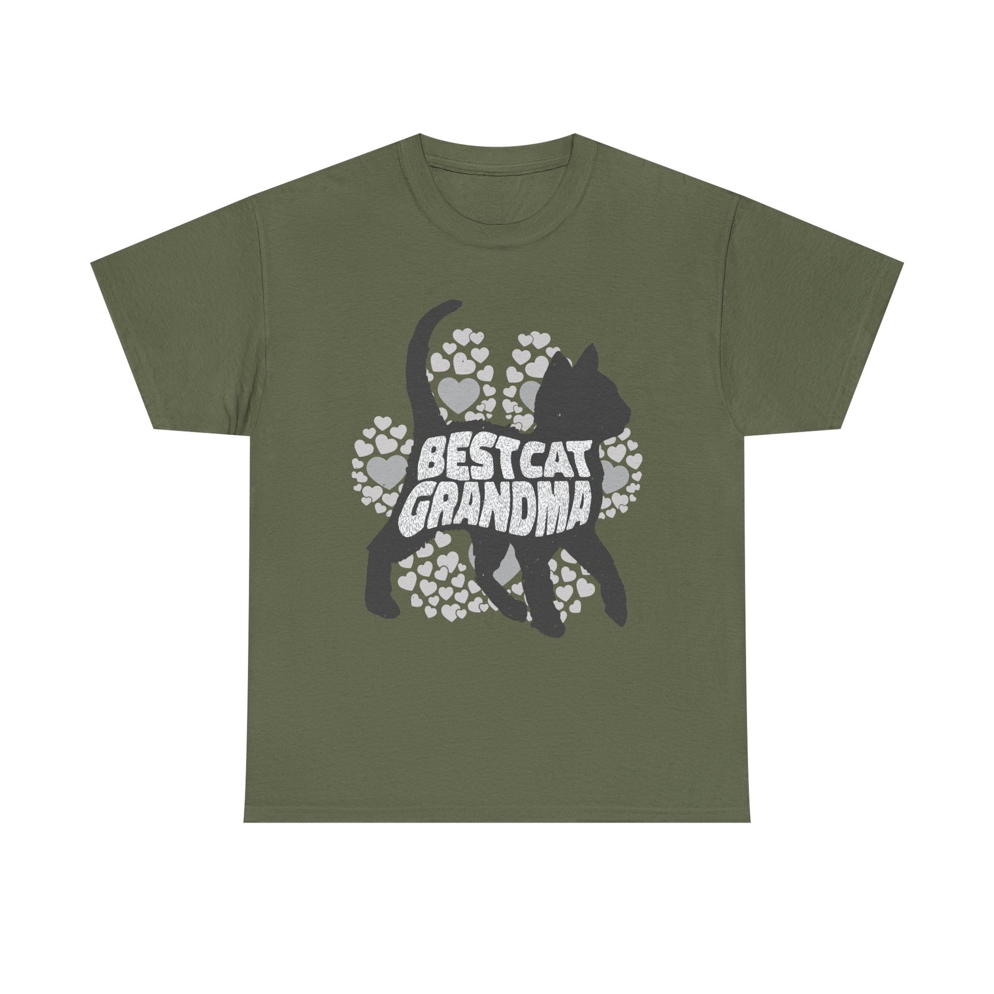Militärgrünes Shirt mit Kontrastmotiv: Katzenfigur mit Herzen und Pfotenabdrücken – Schriftzug „Best Cat Grandma“ in auffälligem Stil, perfekt für stilbewusste Katzenomas.