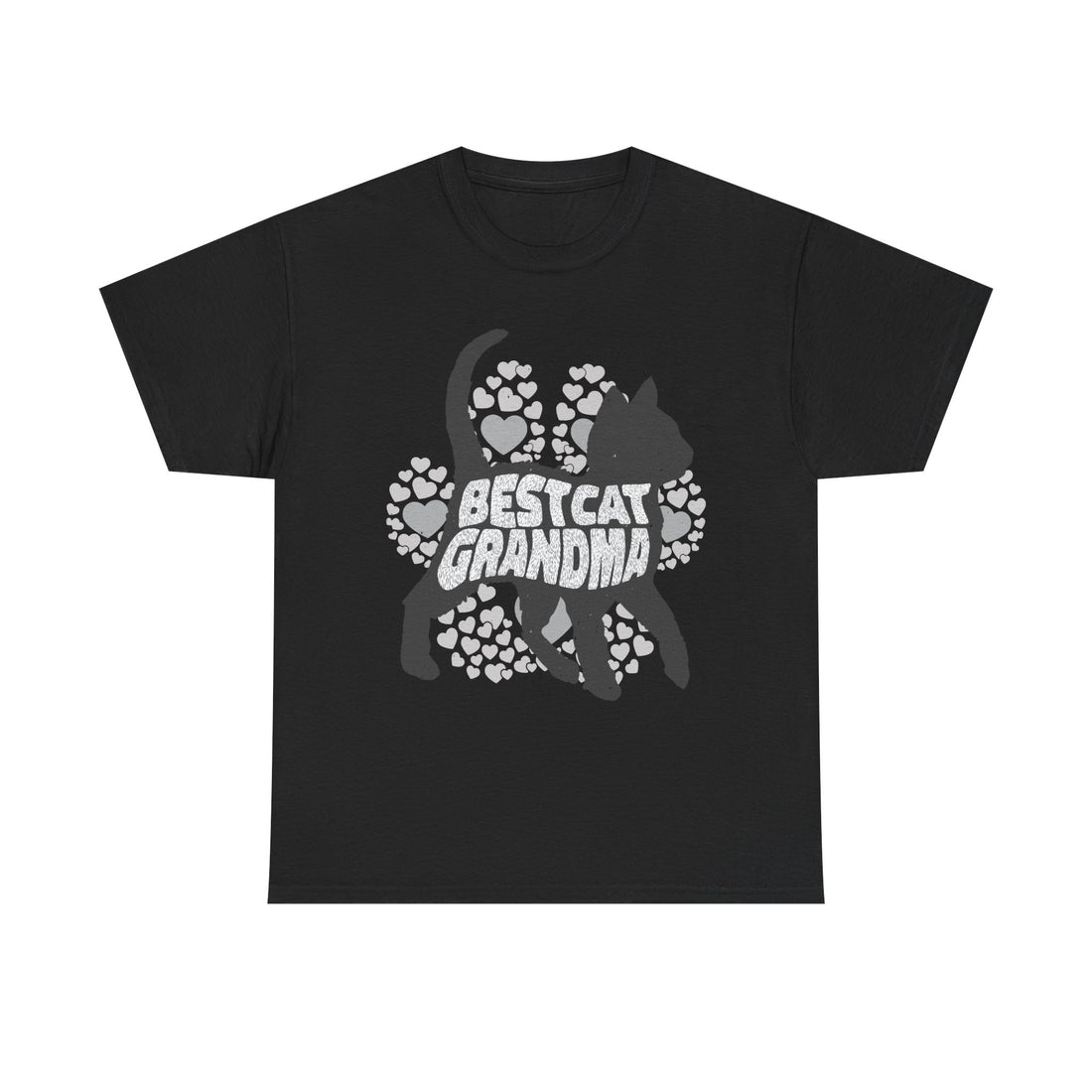 Schwarzes T-Shirt mit großem Katzenmotiv: Silhouette einer Katze umgeben von Pfotenabdrücken und Herzen – mittig der Text „Best Cat Grandma“ in Retro-Schrift, ideal für Katzenliebhaberinnen.