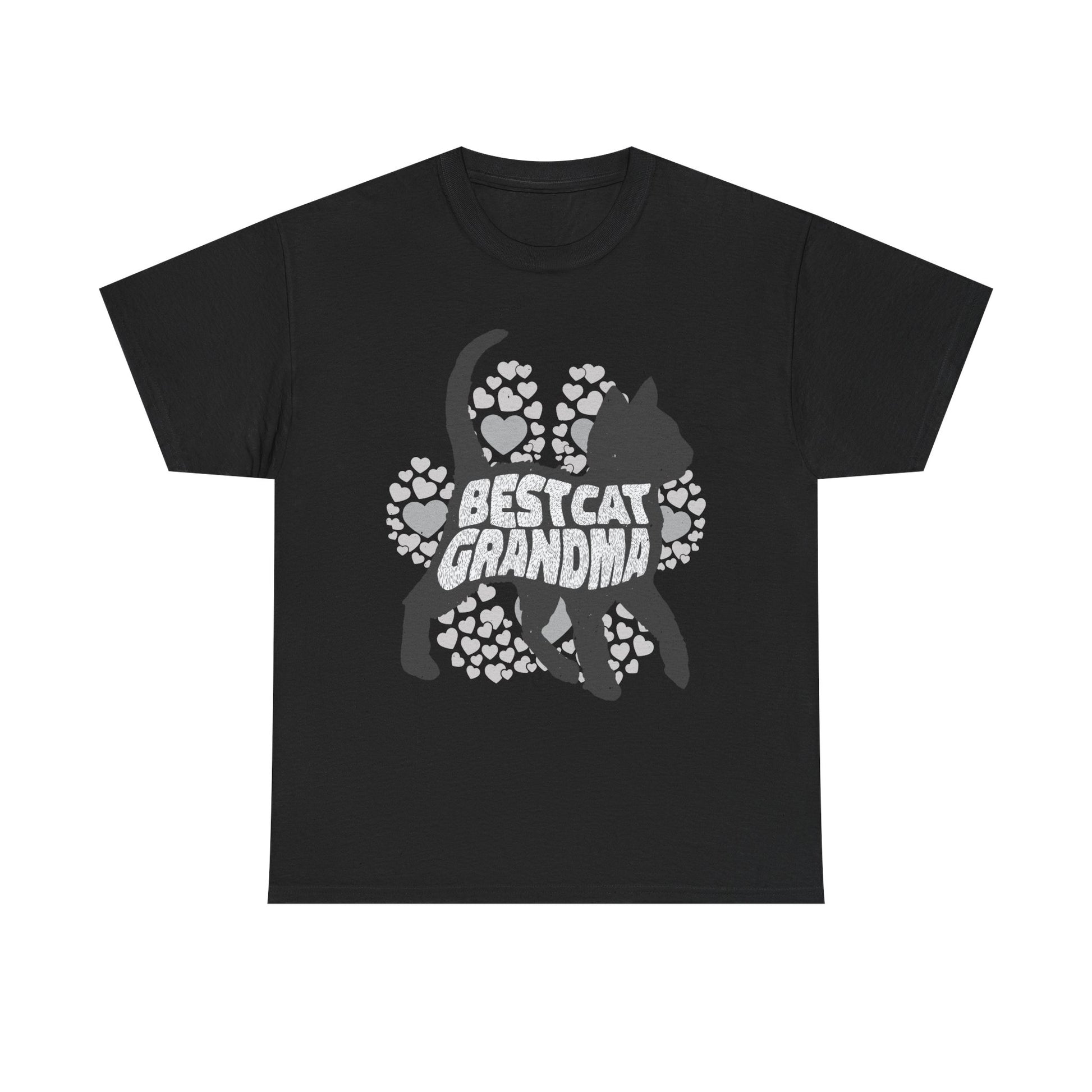 Schwarzes T-Shirt mit großem Katzenmotiv: Silhouette einer Katze umgeben von Pfotenabdrücken und Herzen – mittig der Text „Best Cat Grandma“ in Retro-Schrift, ideal für Katzenliebhaberinnen.