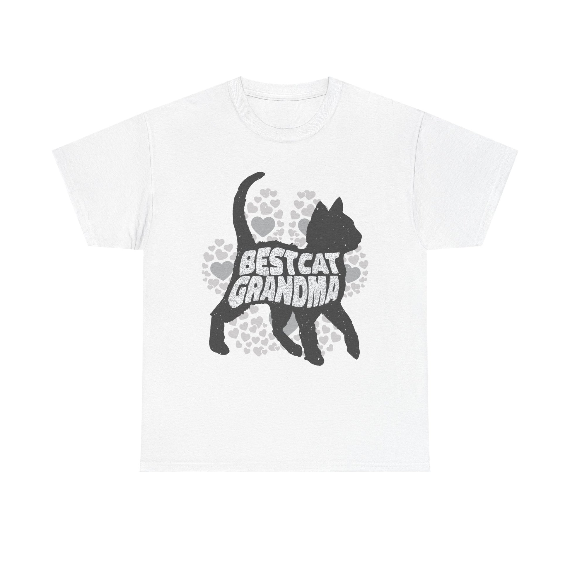 Weißes T-Shirt mit liebevoller Illustration: „Best Cat Grandma“-Schriftzug in einer stilisierten Katzensilhouette, umgeben von Pfotenabdrücken und Herzchen – perfekt für Katzenfreundinnen.