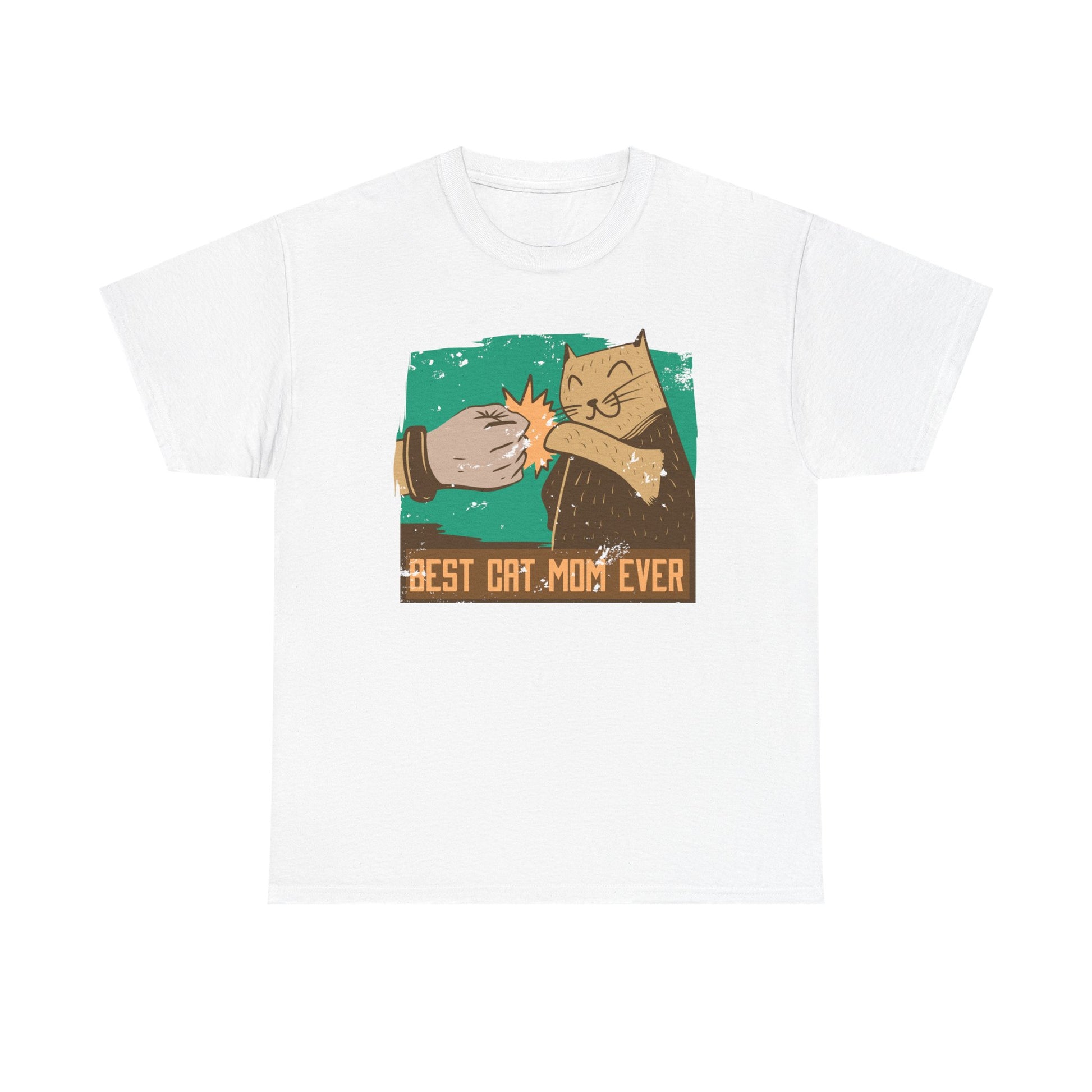 Weißes T-Shirt mit verspieltem Katzenprint: Menschliche Faust trifft Katzenpfote – der Text „Best Cat Mom Ever“ rundet das coole Comic-Design ab.