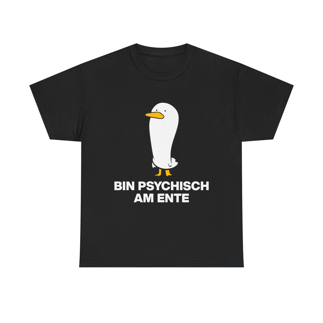 Schwarzes Unisex T-Shirt mit Front-Print „Bin psychisch am Ente“, stehende weiße Cartoon-Ente mit humorvollem Schriftzug