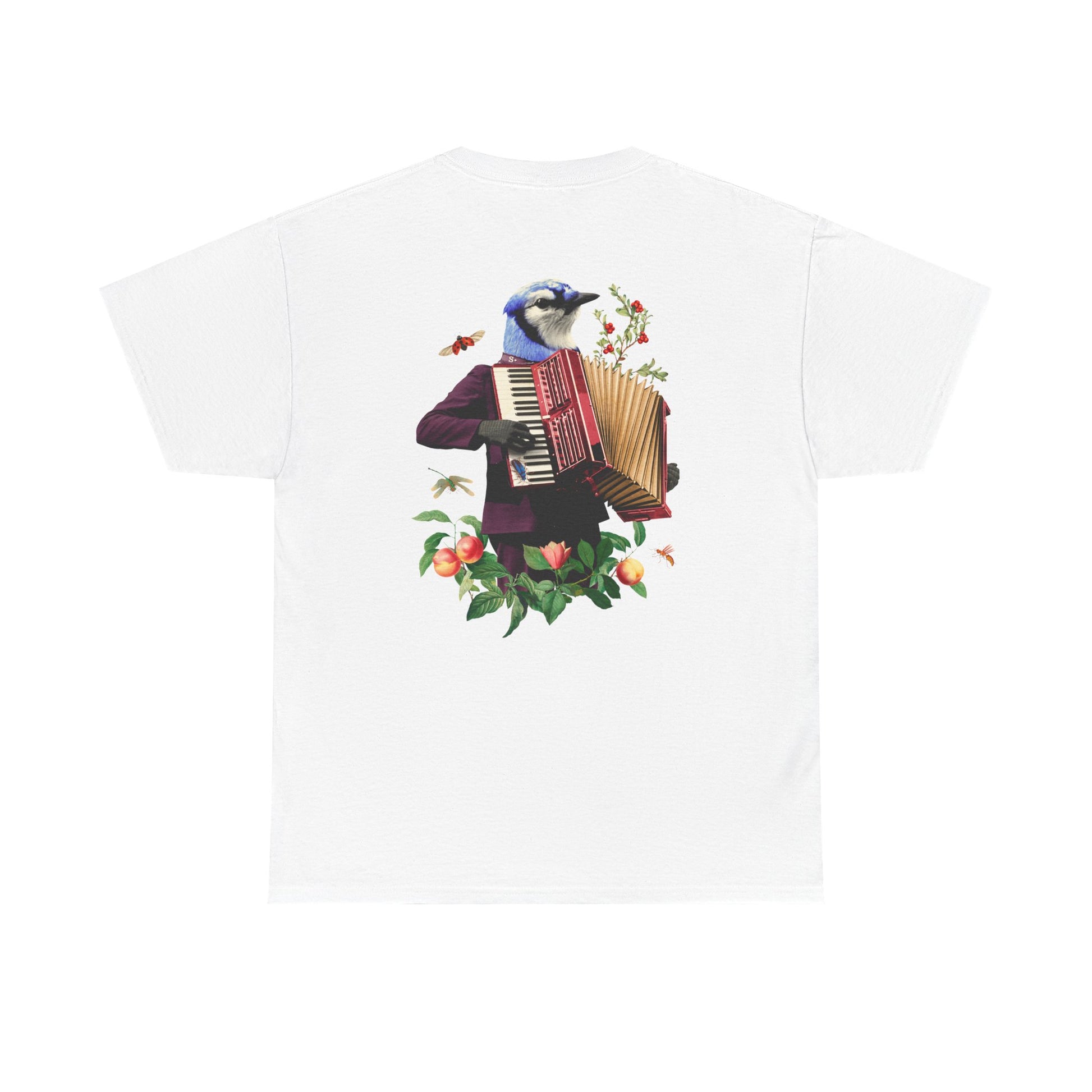 Weißes T-Shirt mit Back Print einer Animal-Human-Collage mit Akkordeon spielendem Vogel