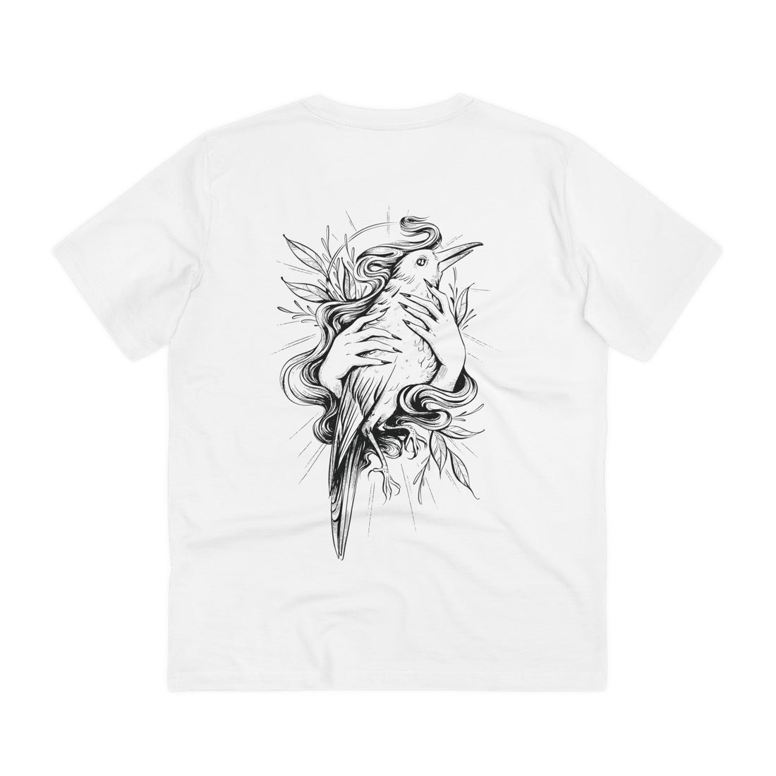 Printify T-Shirt White / 2XS Bird in Female Hands - Hand Drawn Dark Gothic - Back Design