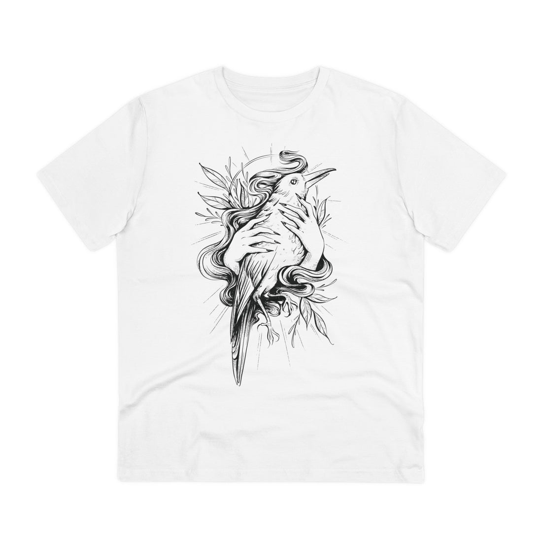 Printify T-Shirt White / 2XS Bird in Female Hands - Hand Drawn Dark Gothic - Front Design