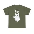 Militärgrünes Shirt mit sarkastischem Geist-Katzenmotiv: Die Katze sagt „BOO“ – genervter Blick inklusive, ein lustiger Hingucker für Tierfreunde.