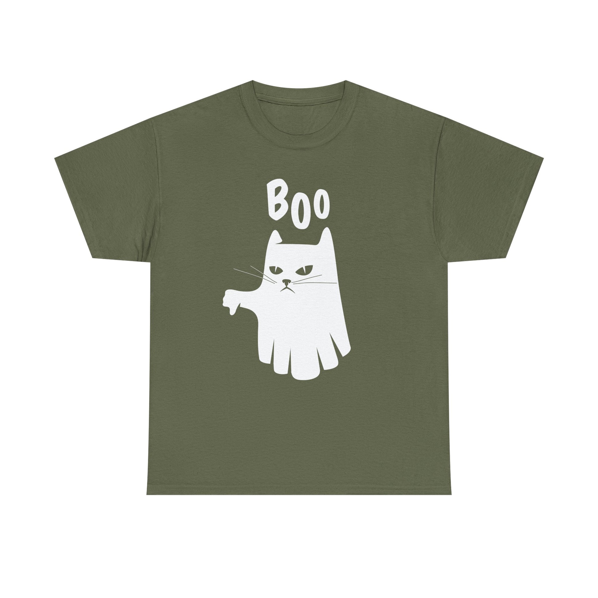 Militärgrünes Shirt mit sarkastischem Geist-Katzenmotiv: Die Katze sagt „BOO“ – genervter Blick inklusive, ein lustiger Hingucker für Tierfreunde.