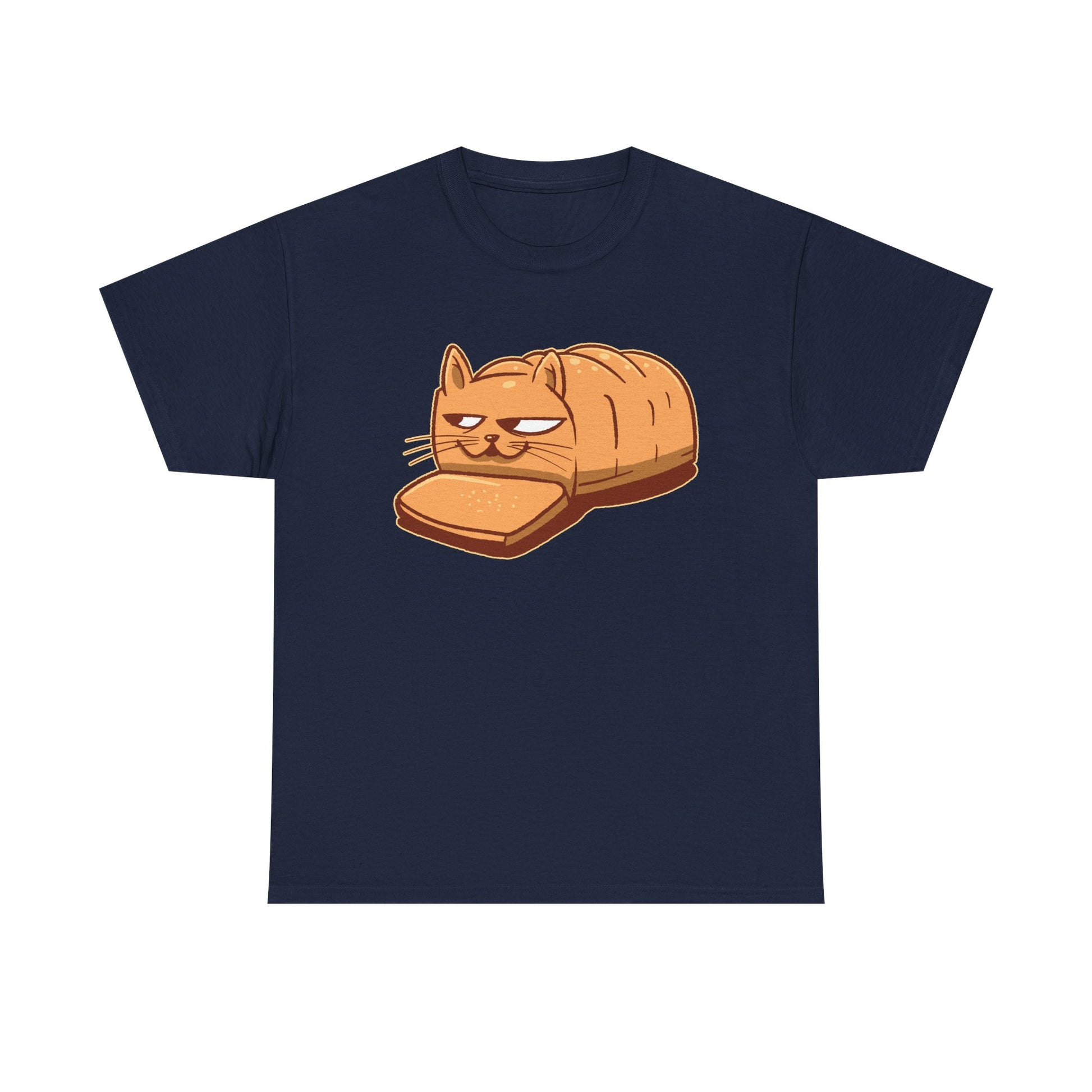 Marineblaues Shirt mit süßem Cartoonmotiv: Eine mürrisch dreinblickende Katze als geschnittenes Brot – perfekt für Fans von Internetkatzen und lustigen T-Shirts.