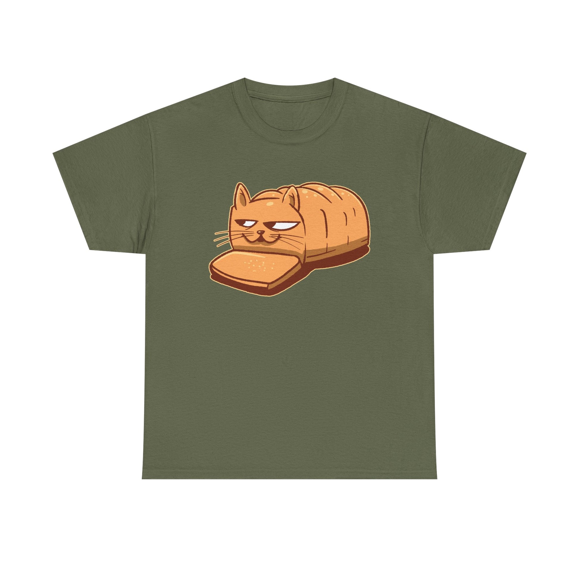 Militärgrünes T-Shirt mit ikonischem Meme-Motiv: BreadCat – eine faule Katze im Brotdesign, ideal für humorvolle Outfits mit Nerd-Faktor.