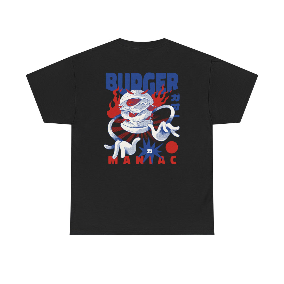 Schwarzes T-Shirt mit Backprint: Ein wild gewordener Cartoon-Burger mit Monsterzähnen, Tentakelarmen und einem rot-blauen Spiralhintergrund. Flammen schlagen hinter dem Burger empor, japanische Schriftzeichen und der Text „BURGER MANIAC“ rahmen das Kaiju-Food-Motiv ab – eine schrille Mischung aus Streetfood und Manga-Horror.