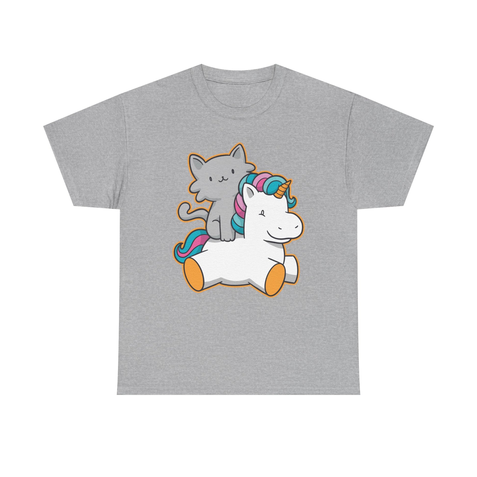 Graues Shirt mit niedlichem Einhorn-Print: Cartoon-Katze sitzt zufrieden auf einem plüschigen weißen Einhorn mit Regenbogenfarben – perfekt für verspielte Styles.