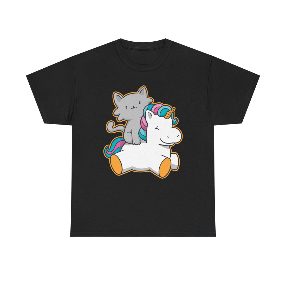 Schwarzes T-Shirt mit süßem Cartoon-Design: Eine graue Katze reitet auf einem weißen Einhorn mit bunter Mähne – verspieltes Motiv für Katzen- und Einhornfans.