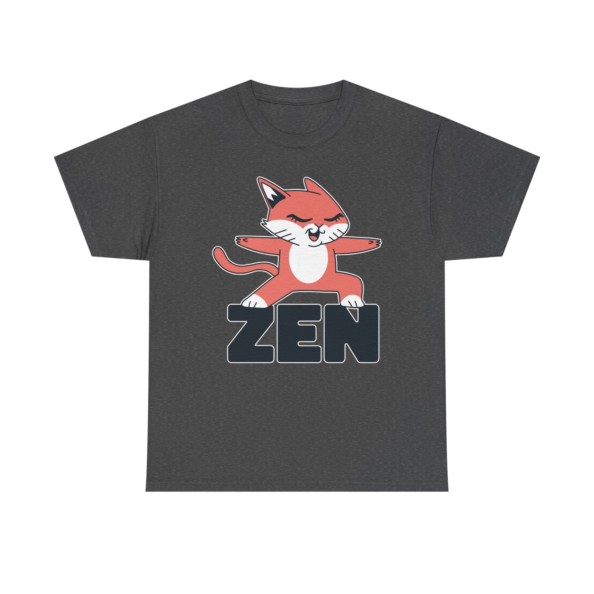 Dunkelgraues Shirt mit Zen-Cat Print: Lustige, rot-weiße Katze meditiert auf einem typografisch gestalteten „ZEN“ – originelles Motiv mit Ruhefaktor.